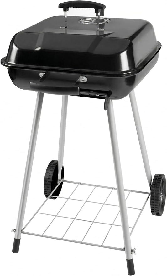 17.5-Inch Square Charcoal Grill with Wheels, 302 Sq In Cooking Surface Outdoor Barbecue BBQ, Porcelain-Coated Steel Freestanding Kettle Grill for Patio, Deck, and Backyard Gatherings, Black