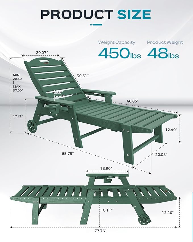 Ciokea Outdoor Chaise Lounge Chair Set of 2, Patio Lounge Chairs for Outside, HDPE Lounge Chair with Wheels & Cup Holder, Poly Chair with 5 Position for Poolside, Deck, Green