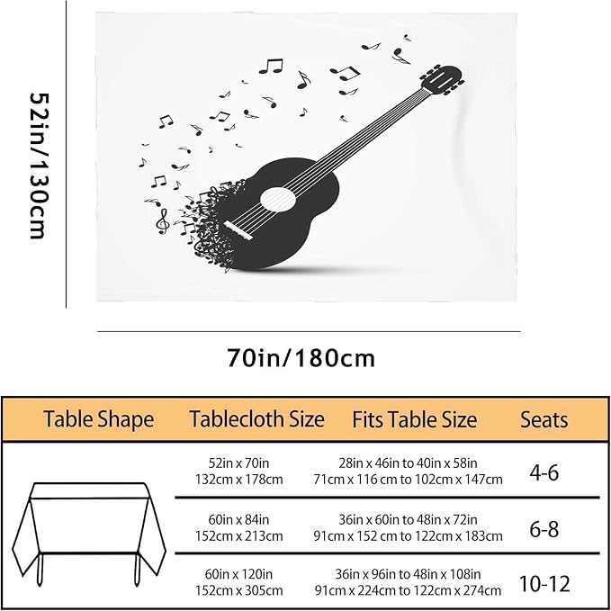 TKS MITLAN Black Guitar with Notes Tablecloth 52 x 70 Inch Rectangular Classical Music Melody Modern Rock Oblong Table Cloth Kitchen Table Decorations for Home Dinner Party