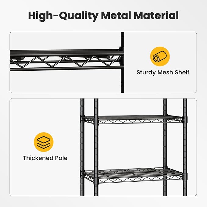 DUMOS 5-Tier Metal Storage Shelves, Wire Shelving, 23.2" W | Lockable Wheels, Adjustable Standing, Heavy Duty Steel Unit, Kitchen Bathroom Pantry Garage Organizers, 59.1"H