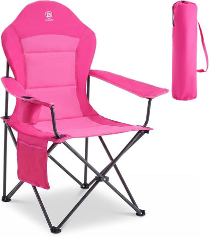 EVER ADVANCED Oversized Camping Chairs, Folding Chairs for Outside Heavy Duty 400LBS Lawn Chairs High Back Camp Chair with Cup Holder for Outdoor, Fishing & Sports, Pink