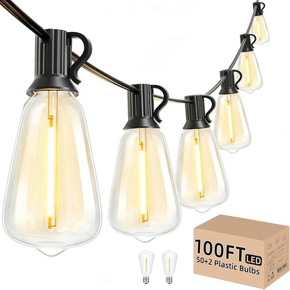 Svater Outdoor String Lights 100 FT, Outside Patio Light with 52 Bulbs | Waterproof Hanging Lighting, Plastic ST38 LED Edison Bulb, Connectable For Bistro Cafe Market Backyard, Warm White