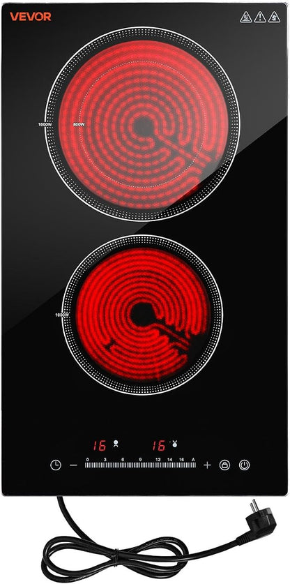 VEVOR Electric Cooktop 12inch 2 Burners Portable Stove Top 1800W 120V, Ceramic Countertop/Built-in Radiant Electric Stove, with 16 Power Levels, Timer, Child Lock, Over-Heat Guard, Touch Control