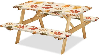 Picnic Table Cover for Outdoor Camping Maple Leaf Print Elastic Fitted Table Cloth for Camping Party Supplies 3 PCS Set