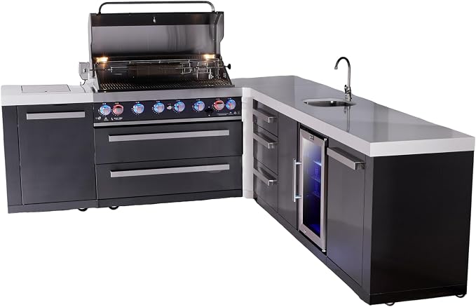 Mont Alpi L-shaped 94"x113" Black Stainless Steel Outdoor Kitchen Island with Refrigerator + Beverage Center Faucet & Sink + 44" 6-Burner BBQ Grill + Granite Countertops + Storage Cabinets & Drawers
