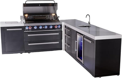 Mont Alpi L-shaped 94"x113" Black Stainless Steel Outdoor Kitchen Island with Refrigerator + Beverage Center Faucet & Sink + 44" 6-Burner BBQ Grill + Granite Countertops + Storage Cabinets & Drawers