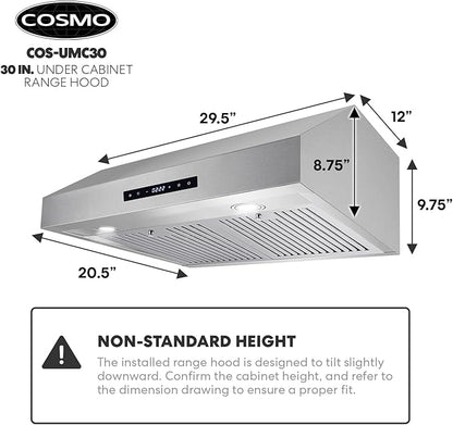 COSMO UMC30 30 in. Haven Collection 380 CFM Ducted Under Cabinet Range Hood, LED Lights, Touch Controls, Stainless Steel