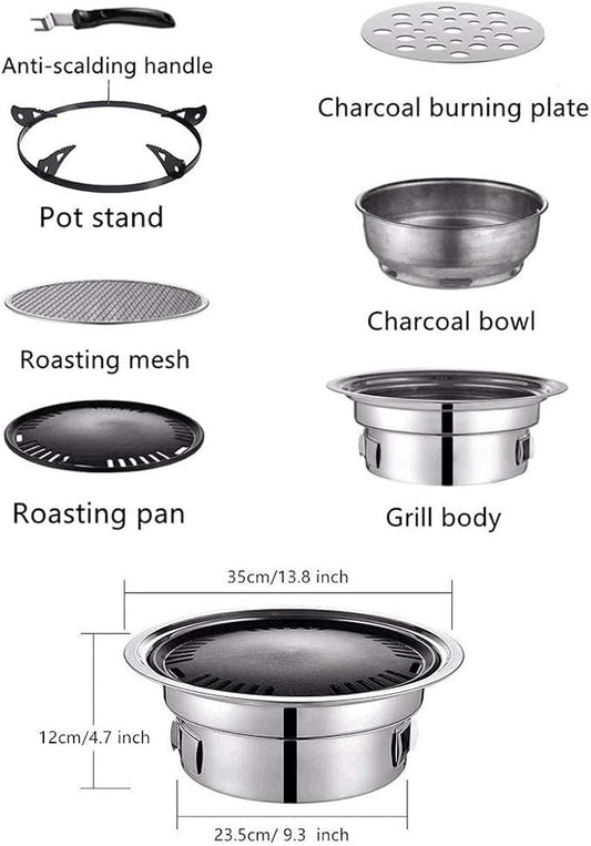 Stainless Steel Korean-Style Charcoal Grill, Round Non-Stick Grill, Outdoor Camping Portable Charcoal Stove, Portable Camping Grill, Desktop Smoker