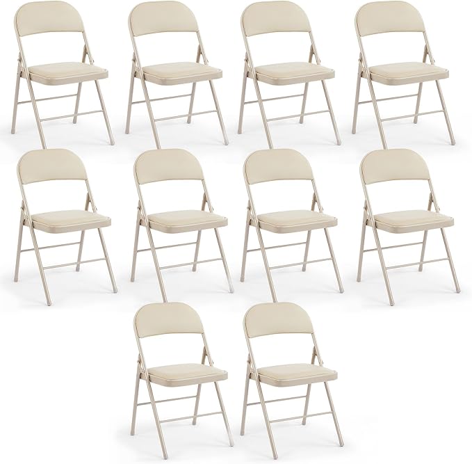 DUMOS 10 Pack Leather Padded Folding Chair, Indoor Outdoor Portable Stackable Commercial Seat with Steel Frame, Capacity for Home, Office, Party, Comfy, Kahki