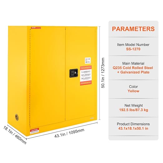 VEVOR Flammable Cabinet 18" x 43" x 50", Cold-Rolled Steel Flammable Liquid Storage Cabinet 34 Gal with 2 Adjustable Shelves/2 Manual Closing Doors for Industrial Use, Yellow