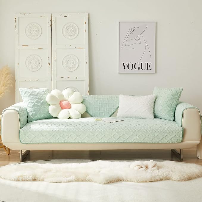 vctops Geometric Jacquard Plush Sofa Couch Covers Farmhouse Neutral Non Slip Sectional Couch Cover Soft Warm Sofa Slipcover for Dogs, Children, Pets Furniture Protector (Green,36"x70")