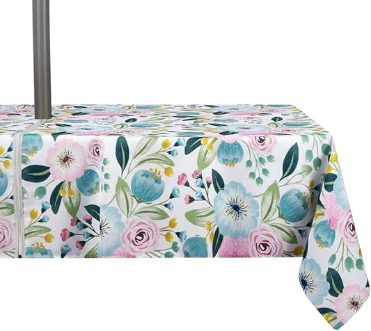 EHouseHome Outdoor Indoor 60x84 inch Rectangle Tablecloth with Umbrella Hole and Zipper, Waterproof Zippered Patio Table Cloths, Spring/Summer Table Covers for Backyard Circular Table/BBQs/Picnic