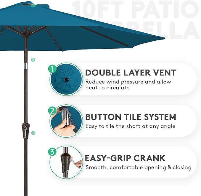 JEAREY 10FT Outdoor Patio Umbrella Outdoor Table Umbrella with Push Button Tilt and Crank, Market Umbrella 8 Sturdy Ribs UV Protection Waterproof for Pool, Garden (Lake Blue)