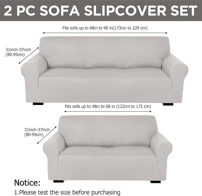 Peryiter 2 Pcs Couch and Loveseat Sofa Covers,Silver Gray,Milk Silk | Armchair Covers for Living Room, Sofa Cushion Slipcover 2/3 Seater, Furniture Protector, Polyester and Spandex, Washable