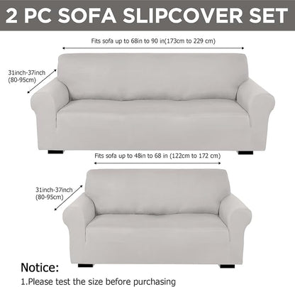 Peryiter 2 Pcs Couch and Loveseat Sofa Covers,Silver Gray,Milk Silk | Armchair Covers for Living Room, Sofa Cushion Slipcover 2/3 Seater, Furniture Protector, Polyester and Spandex, Washable