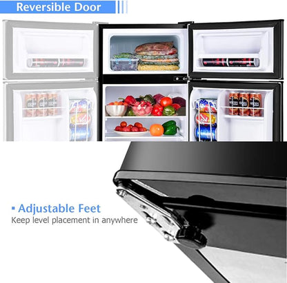 COSTWAY 3.2 Cu.ft. Mini Fridge with Freezer for Bedroom, Dorm, Office | Small Compact Refrigerator with Reversible 2-Door, Adjustable Temperature, LED Lights, Removable Glass Shelves, Black
