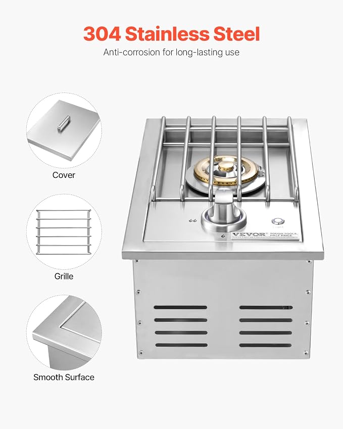VEVOR Single Grilling Side Burner, 17,000BTU Liquid Propane Side Burner for Outdoor Kitchen, Convertible to Natural Gas, 304 Stainless Steel Built-in Single Grill Burners with LED for BBQ Grill Island