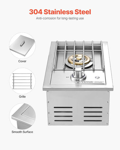 VEVOR Single Grilling Side Burner, 17,000BTU Liquid Propane Side Burner for Outdoor Kitchen, Convertible to Natural Gas, 304 Stainless Steel Built-in Single Grill Burners with LED for BBQ Grill Island