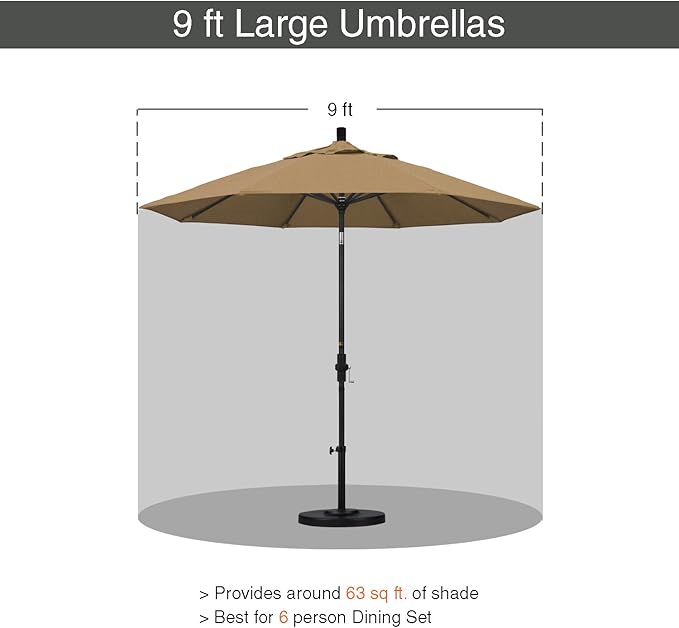 California Umbrella 9' Round Aluminum Market Umbrella, Crank Lift, Collar Tilt, White Pole, Straw Olefin