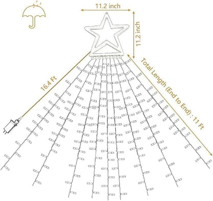 Christmas Decorations Star String Lights, 320 LED Waterfall Tree Lights with 13" Topper Star 8 Lighting Modes Indoor Outdoor Decorative for New Year, Holiday, Wedding, Party