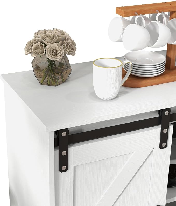 Panana Sliding Barn Door Buffet Sideboard Storage Cabinet Coffee Bar Kitchen Farmhouse Style (White)