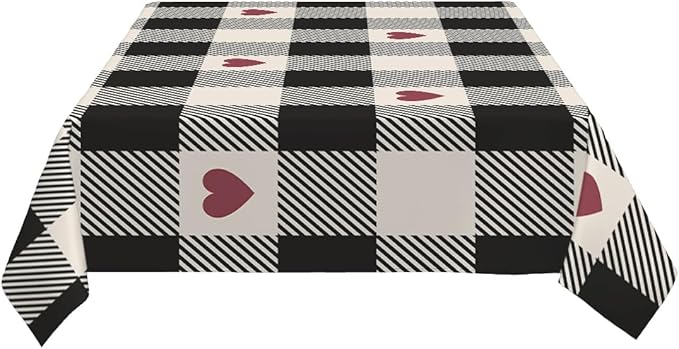 Decorative Rectangle Table Cloths Checkered Valentines Black Plaid Red Heart Tablecloth Table Cover for Dining/BBQ/Picnic/Coffee Table 52 X 70 Inches