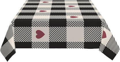 Decorative Rectangle Table Cloths Checkered Valentines Black Plaid Red Heart Tablecloth Table Cover for Dining/BBQ/Picnic/Coffee Table 52 X 70 Inches