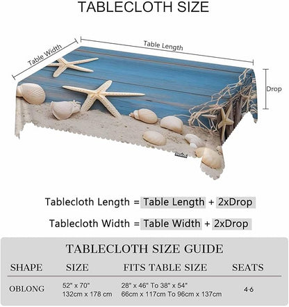 52x70 Inch Tablecloth Starfish Seashell, Beach Seashells Fishnet Rustic Wood Non-Fading Table Covers Kitchen Dinning Tabletop Decoration, Washable Table Cloth for Outdoor and Indoor Use