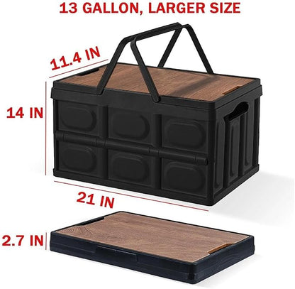 2 PSC Collapsible Storage Box with Lid, 13 Gallon Foldable Storage Bin with Wood Grain Top, Portable Organizer Tote with Handles for Car Trunk, Camping, RV, Grocery Shopping, Home Storage, Black