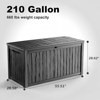 210 Gallon Large Outdoor Storage Box Waterproof, UV Resistant Resin Deck Box with Hydraulic Rod & Lockable Latch for Patio Furniture, Outside Storage Box for Garden Tools, Patio Cushions, Black