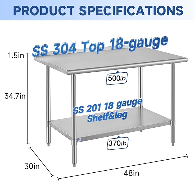 ROCKPOINT SS304 Top All Stainless Steel Table for Prep & Work with Backsplash 30x48 Inches, NSF Commercial Kitchen Heavy Duty Table with Adjustable Undershelf for Restaurant,Kitchen, Home and Hotel