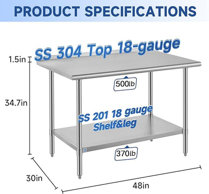ROCKPOINT SS304 Top All Stainless Steel Table for Prep & Work with Backsplash 30x48 Inches, NSF Commercial Kitchen Heavy Duty Table with Adjustable Undershelf for Restaurant,Kitchen, Home and Hotel