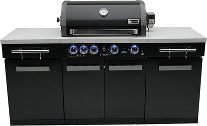 Mont Alpi Premium 70"W x 24"D Black Stainless Steel Compact Outdoor Kitchen Island with Access Doors + 32"W 4-Burner BBQ Grill with Infrared Rear Burner + Storage Cabinets + White Granite Countertops