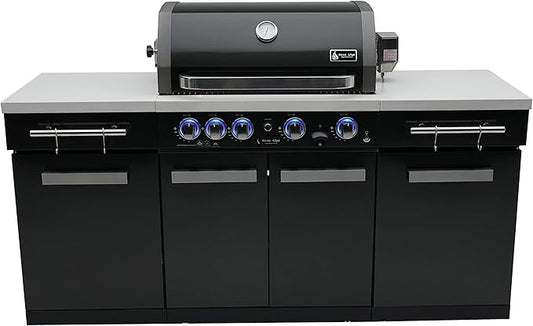 Mont Alpi Premium 70"W x 24"D Black Stainless Steel Compact Outdoor Kitchen Island with Access Doors + 32"W 4-Burner BBQ Grill with Infrared Rear Burner + Storage Cabinets + White Granite Countertops