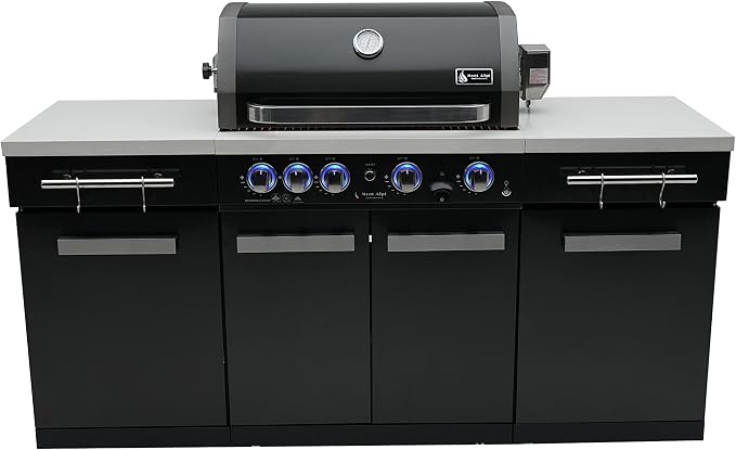 Mont Alpi 70"W x 24"D x 46"H Black Stainless Steel Outdoor Kitchen Island + 32"W 4-Burner BBQ Gas Grill with Infrared Burner + Storage Cabinets + White Granite Countertops + Natural Gas Conversion Kit
