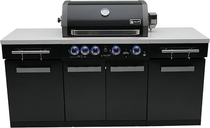 Mont Alpi 70"W x 24"D x 46"H Black Stainless Steel Outdoor Kitchen Island + 32"W 4-Burner BBQ Gas Grill with Infrared Burner + Storage Cabinets + White Granite Countertops + Natural Gas Conversion Kit
