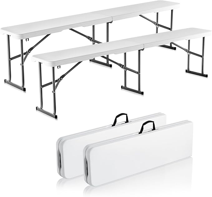 VEVOR Plastic Folding Bench, 6ft Portable Folding Bench, Smooth High Density Polyethylene Waterproof Outdoor Bench, Picnic Camping Table with Handle for Garden Soccer Playtime, White (2 Pack) | for Garden Playtime, Camping, Outdoor Event, Picnic Polyet...