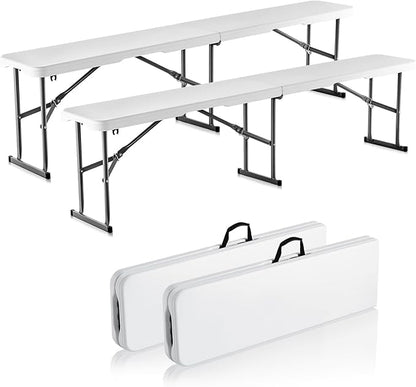 VEVOR Plastic Folding Bench, 6ft Portable Folding Bench, Smooth High Density Polyethylene Waterproof Outdoor Bench, Picnic Camping Table with Handle for Garden Soccer Playtime, White (2 Pack) | for Garden Playtime, Camping, Outdoor Event, Picnic Polyet...