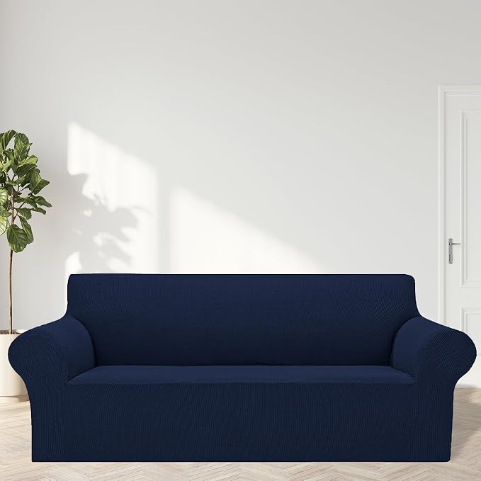 Cupuamon 2026 New Stretch Sofa Slipcovers Couch Cover for 3 Cushion Furniture Protector Sofa Covers with Elastic Bottom Jacquard Fabric Small Checks for Pets, Kids -Sofa, Navy