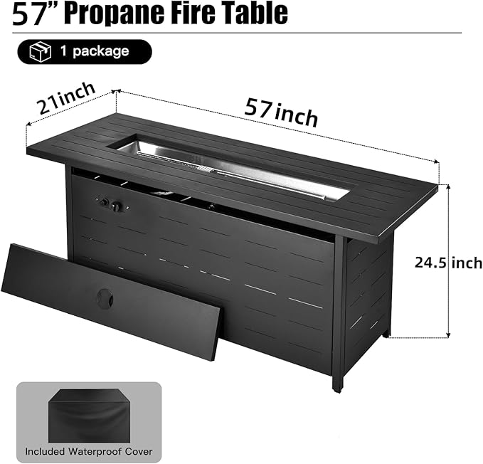 EcoNook 57 inch Propane Fire Pit Table,50000 BTU Gas Fire Pits Table with Lid & Lava Rock & Waterproof Cover, Outdoor Propane Firepit for Dining or Party, Outside, Patio, Garden, Yard