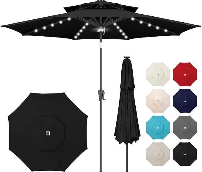Solar Patio Umbrella Outdoor with Centre Light, 9 ft Navy Blue | 2 Tiers, 40 LED Lights, UV Protection, Solar Outdoor Umbrella for Porch, Deck, Pool, Garden, Provides Evening Lighting