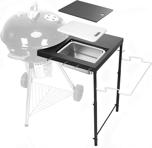 Upgraded Grill Table for Weber Kettle 22"/18"/26", Master Touch 22", Smokey Mountain, Recteq Pellet Grill RT-B380, Prep Station with Cutting Board, Basin, 4 Hooks, Shelf for Weber Kettle Accessories