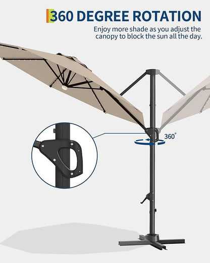 GarveeLife 10FT Patio Umbrella Outdoor Solar LED Large Cantilever Umbrella Market Sun Shade Windproof Offset Umbrella with 360-Degree Rotation for Garden Deck Pool Patio