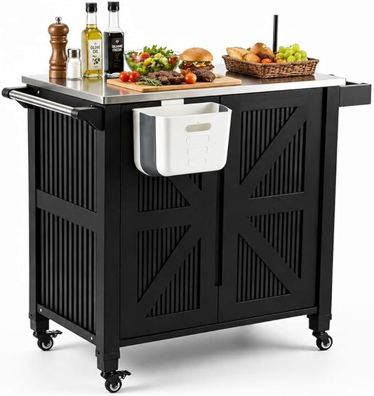 Nice C Grill Cart with Wheel, Outdoor Kitchen Island, Outdoor Grill Station Bar Cart with Stainless Steel Tabletop, Dining Cart Table Storage Cabinet, Grill Table for BBQ Food Prep