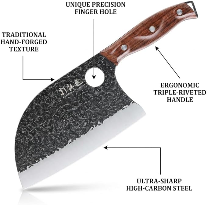 3PCS Butcher Knife Set, 7" Butcher Meat Cleaver, 7" Serbian Chef Knife and 6.5" Viking Knife, Hand Forged Kitchen Knife Set with Plastic Handle, Geat for Home, Camping, BBQ (Unique Finger Hole Design)
