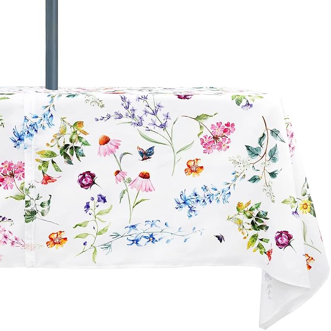 Outdoor Tablecloth with Umbrella Hole and Zipper, Patio Table Covers for Spring/Summer, Machine Washable Outdoor Party/Picnic Rectangle Table Cloth 60 x 120 in