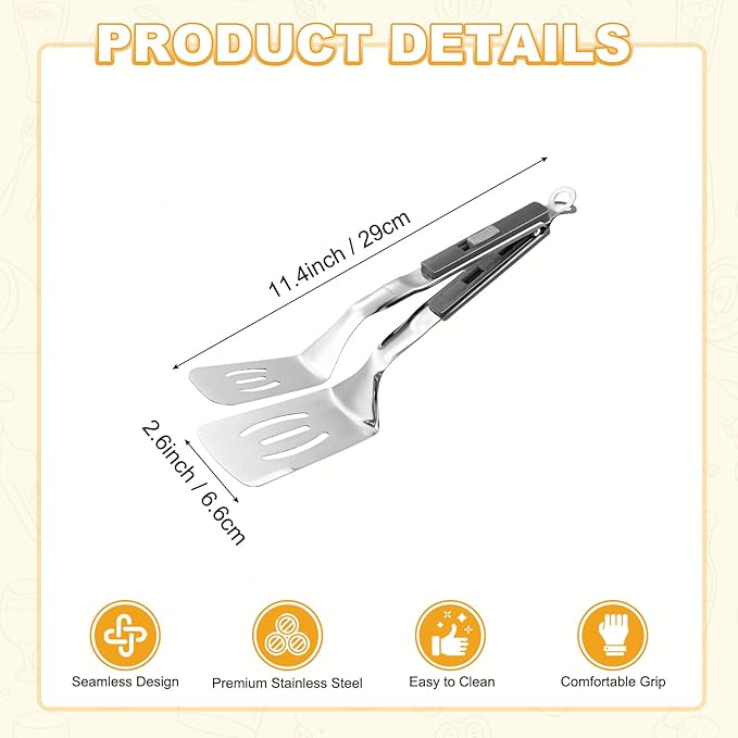 M METERXITY Spatula Tongs, 11.4 Inch 304 Stainless Steel Anti-Scald Multifunctional Flipper Grill Clamp for Cooking/Barbecue, Kitchen Cooking Tongs [Gray Handle, Silver Tone]