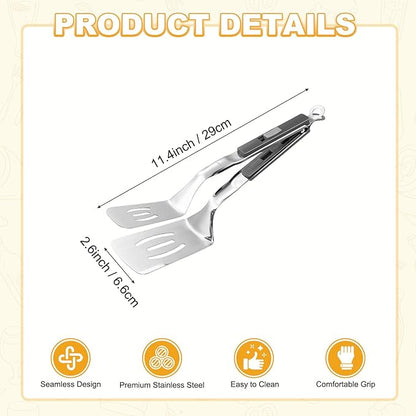 M METERXITY Spatula Tongs, 11.4 Inch 304 Stainless Steel Anti-Scald Multifunctional Flipper Grill Clamp for Cooking/Barbecue, Kitchen Cooking Tongs [Gray Handle, Silver Tone]