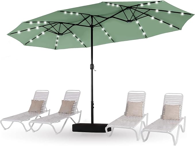 15ft Patio Umbrella with Solar lights & Base, Large Umbrellas, Mint | HERA'S PALACE Rectangle Double Market Umbrella with 36 LED Lights, Big Outdoor Umbrellas for Pool Picnic Inground Yard Deck
