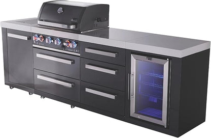 Mont Alpi Black Stainless Steel 107"W x 23"D x 46"H Outdoor Kitchen Island with Refrigerator + 32"W 4-Burner BBQ Gas Grill + Granite Countertops + Storage Drawers + Cabinets + Rotisserie Kit + Cover